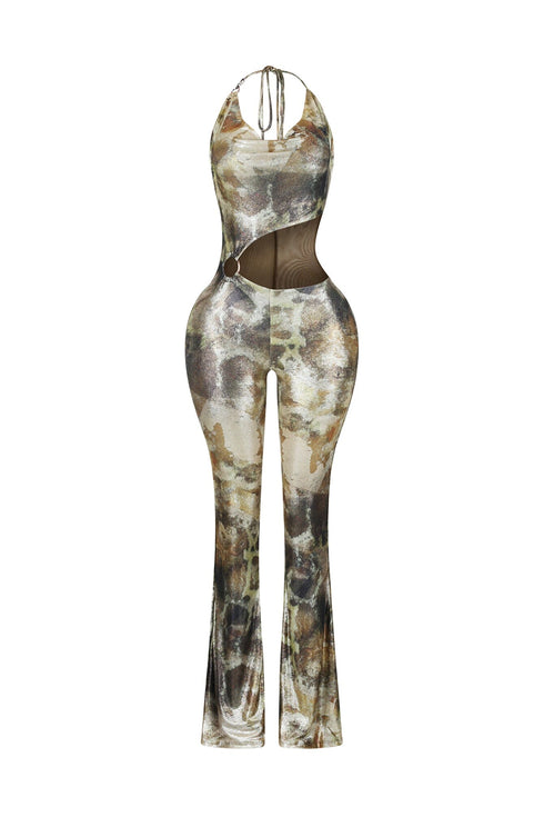Shine Cutout Foil Halter Jumpsuit